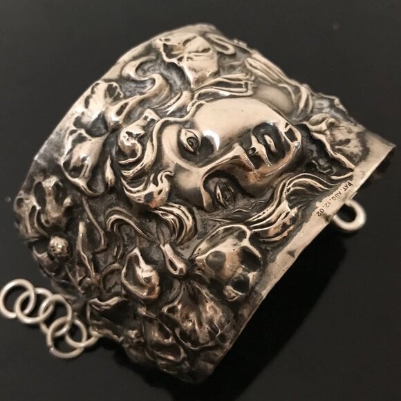 Art Nouveau Victorian Antique Sterling Silver 925 Cuff Bracelet Lady Face Floral